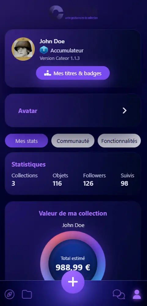 Interface de gestion de collection Cateor sur mobile